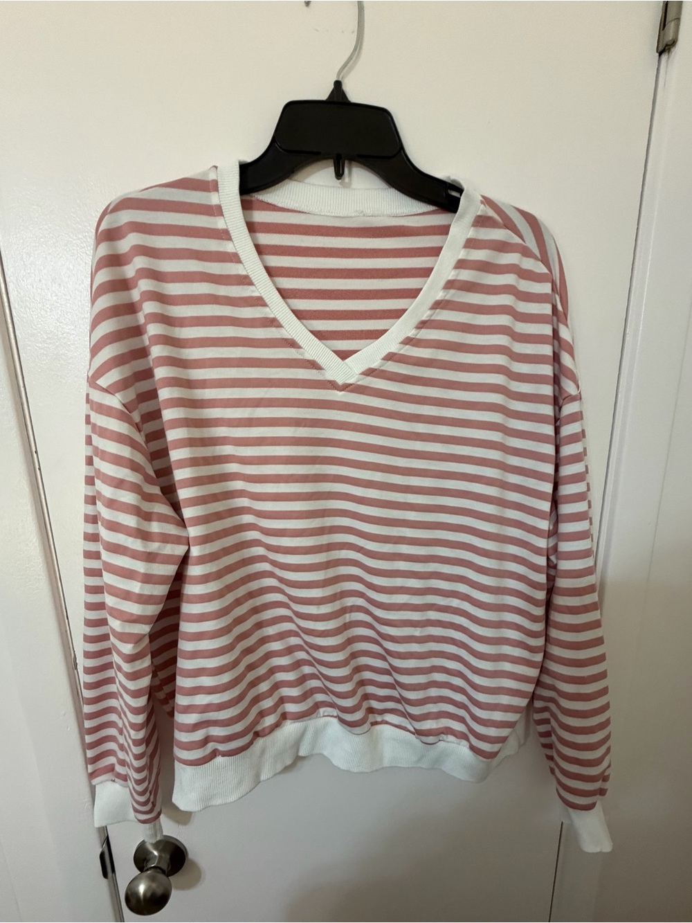 SHEIN Pink and White Striped V-Neck Sweater